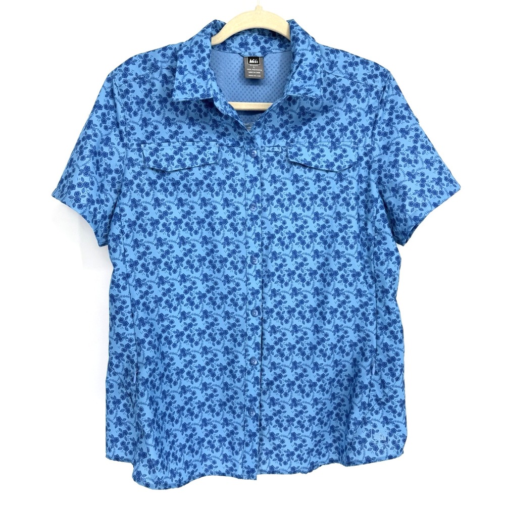REI Women's Button Front Hiking Shirt Women's L Blue Floral Zip Pockets Vented